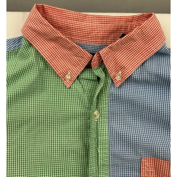 Chaps‎ Mens Large Easy Care Gingham Shirt Colorblock Green Blue Red Long Sleeve - Picture 4 of 12